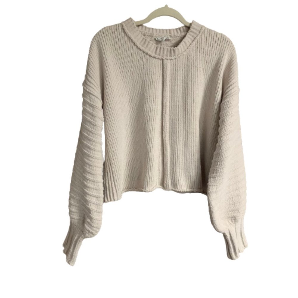 Love Riche Large Cropped Women's Cream Knit Balloon Sleeve Crew Neck Sweater EUC - Picture 2 of 14